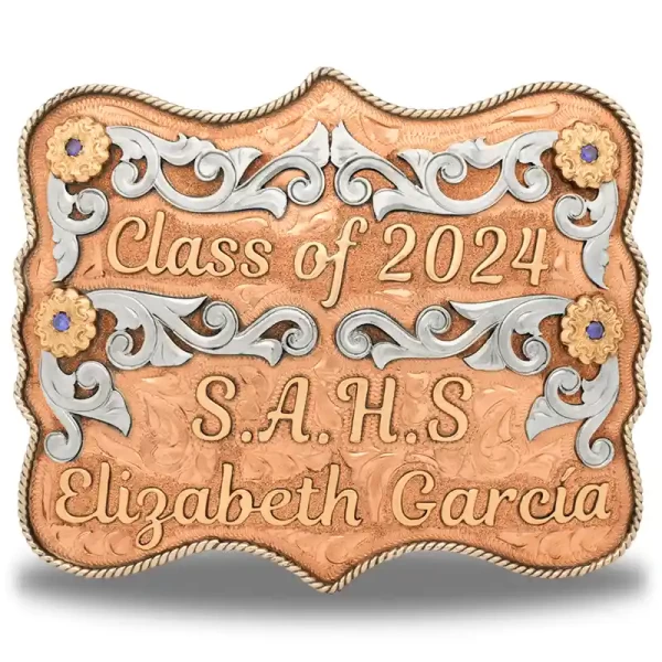 The San Luis Belt Buckle features a hand-engraved copper background with a striking silver overlay and a Jeweler's Bronze rope border. Perfect to showcase your initials and name with a touch of elegance and sophistication!
